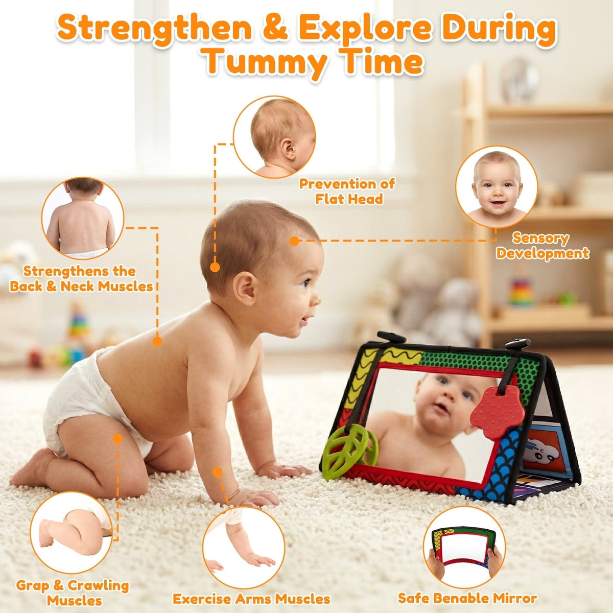 Baby Tummy Time Mirror Toys, Infant Toys Newborn Toys 0-6 Months, Black and White High Contrast Toys with Teethers for Babies 0 3 6 9 Months