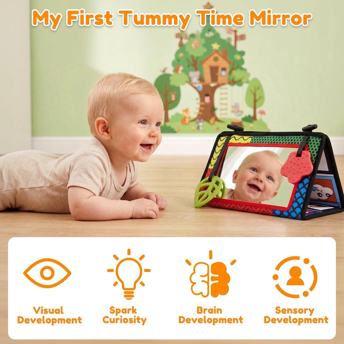 Baby Tummy Time Mirror Toys, Infant Toys Newborn Toys 0-6 Months, Black and White High Contrast Toys with Teethers for Babies 0 3 6 9 Months