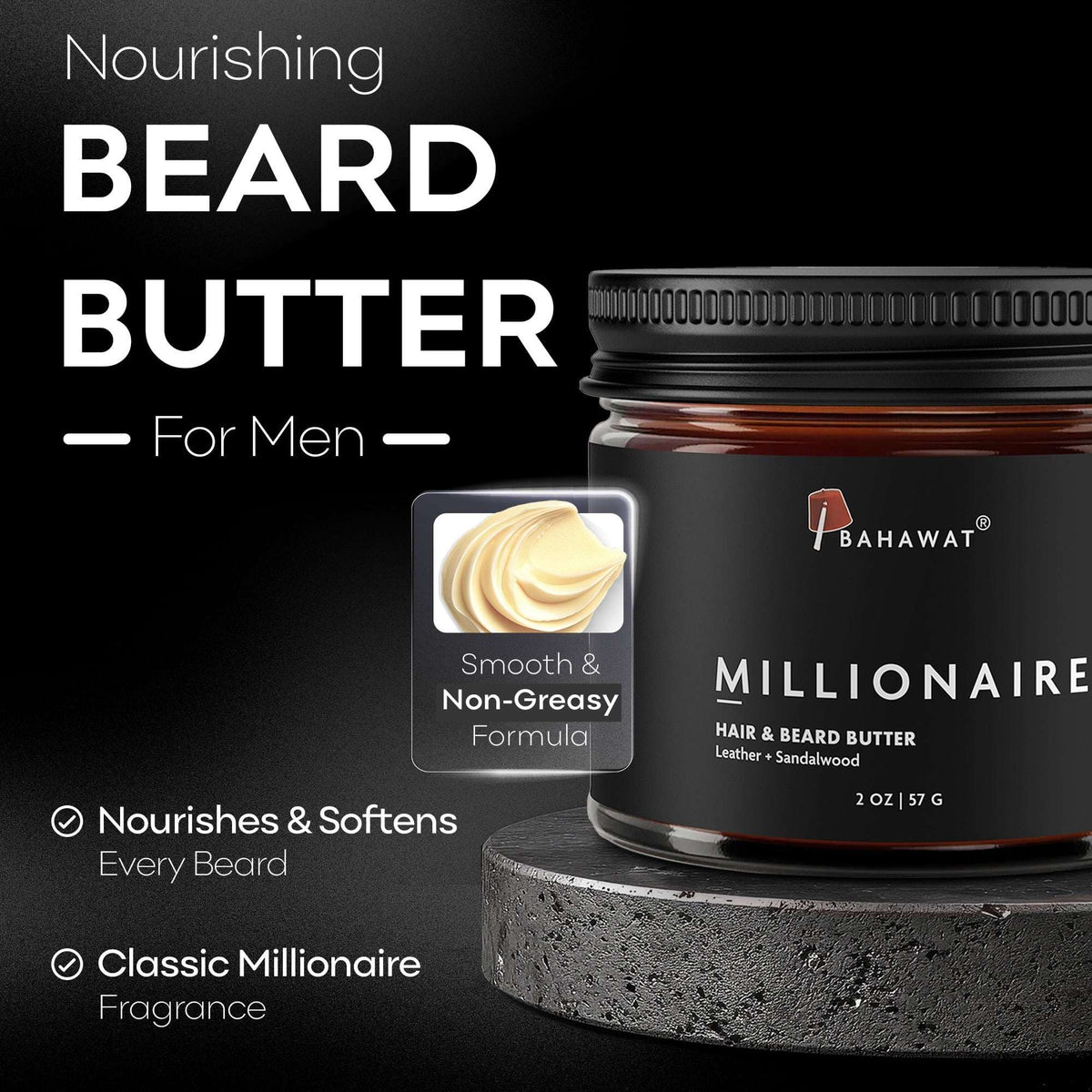 Bahawat Hair & Beard Butter, Natural & Organic Leave-in Conditioner - Leather & Sandalwood 2 oz