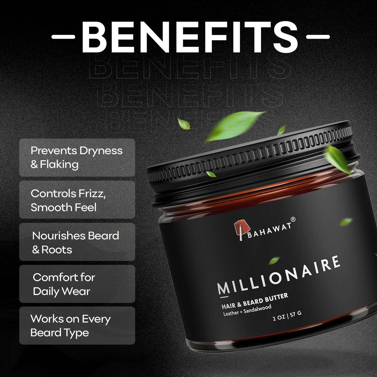 Bahawat Hair & Beard Butter, Natural & Organic Leave-in Conditioner - Leather & Sandalwood 2 oz