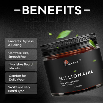 Bahawat Hair & Beard Butter, Natural & Organic Leave-in Conditioner - Leather & Sandalwood 2 oz