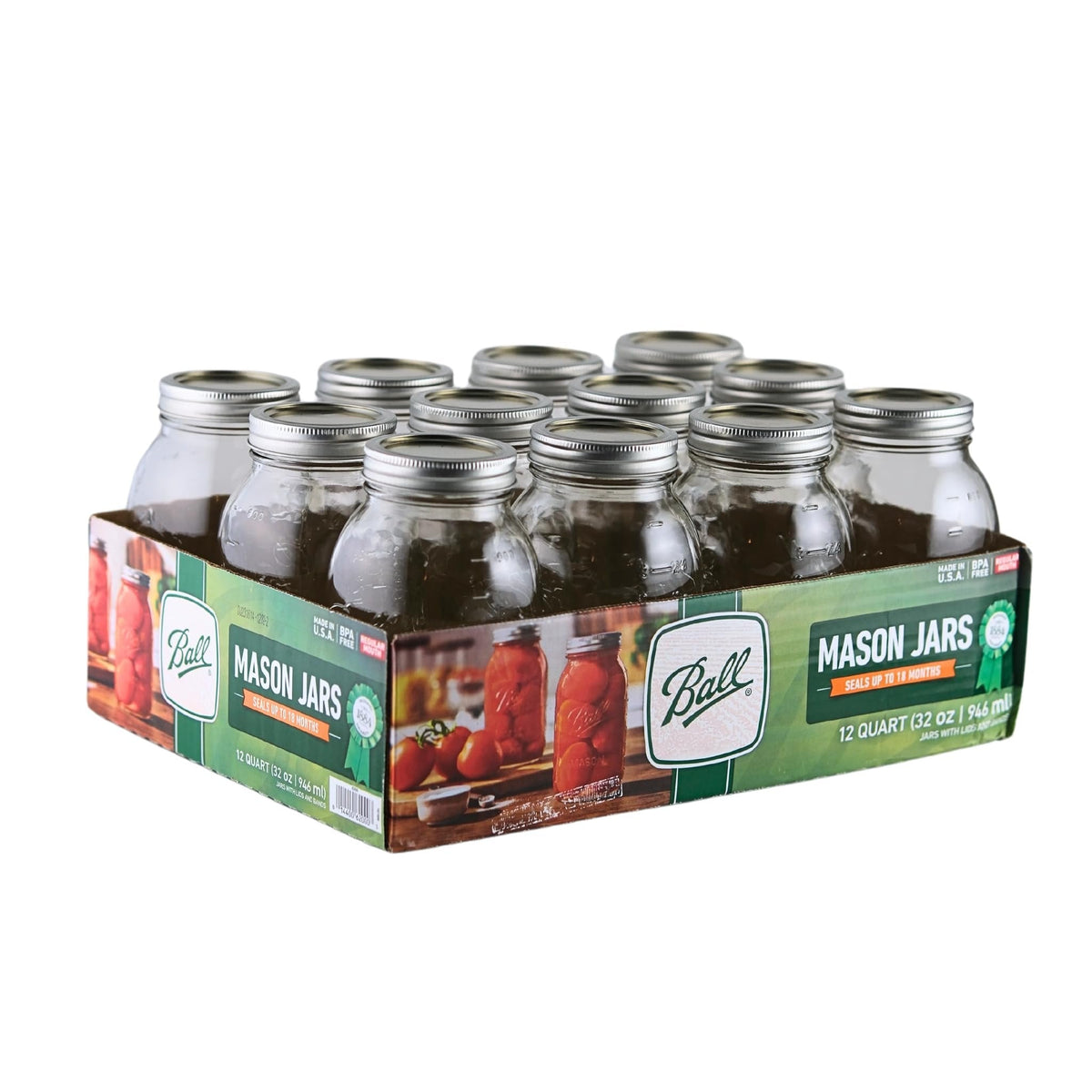Ball 32 Oz Regular Mouth Glass Mason Jar With Airtight Lid - Food Storage - 12 Pack