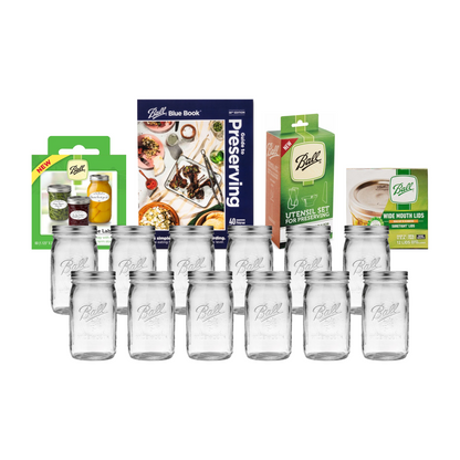 Ball Glass Mason Jar Canning Starter Kit, Wide Mouth, 12 Quart Size, 32 OZ with Lids, Dissolvable Labels, Utensil Set and Recipe Book