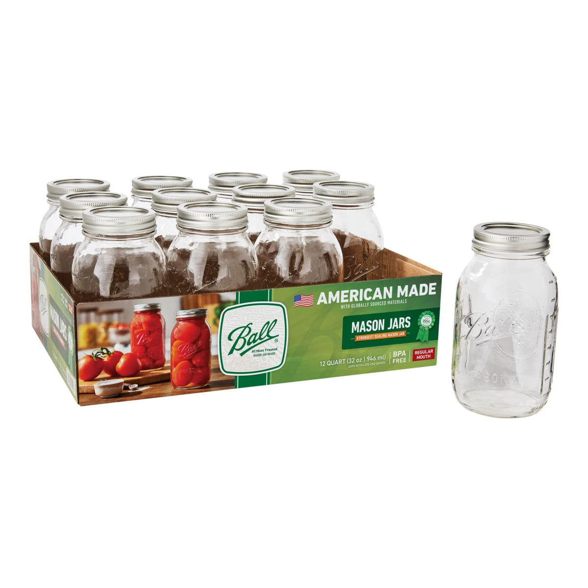 Ball 32 oz Mason Jars, Regular Mouth Quart Canning Jars with Lids and Rings, 12-Pack Large Glass Jars for Home Canning and Fermenting