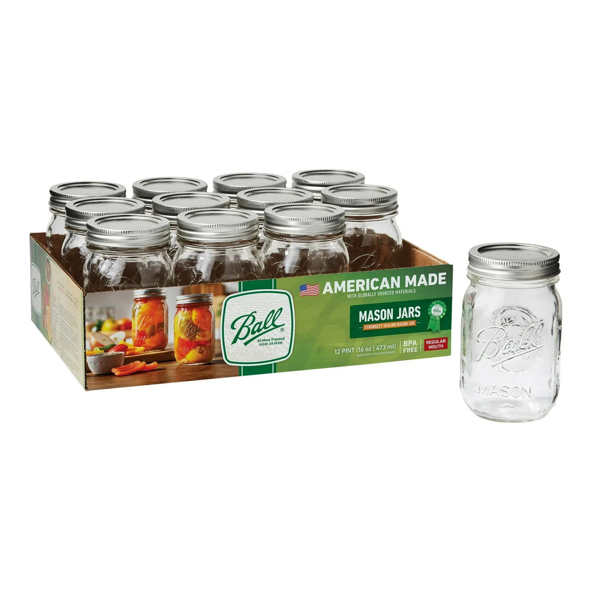 Ball 16 oz Mason Jars, Regular Mouth Pint Canning Jars with Lids and Rings, 12-Pack Glass Jars for Home Canning and Preserving