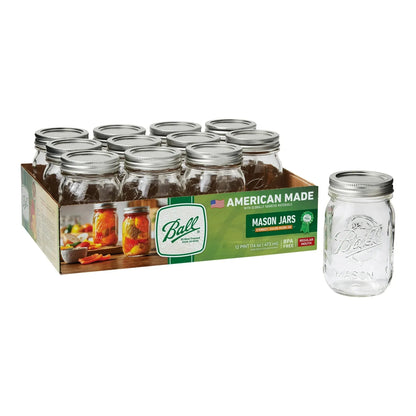 Ball 16 oz Mason Jars, Regular Mouth Pint Canning Jars with Lids and Rings, 12-Pack Glass Jars for Home Canning and Preserving