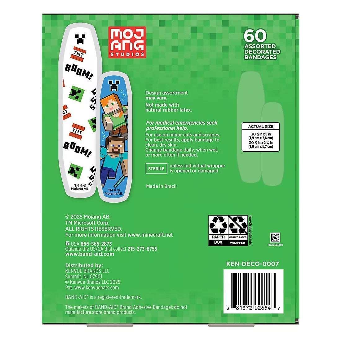 Band-Aid Minecraft Adhesive Bandages, Assorted Sizes, 60 Count