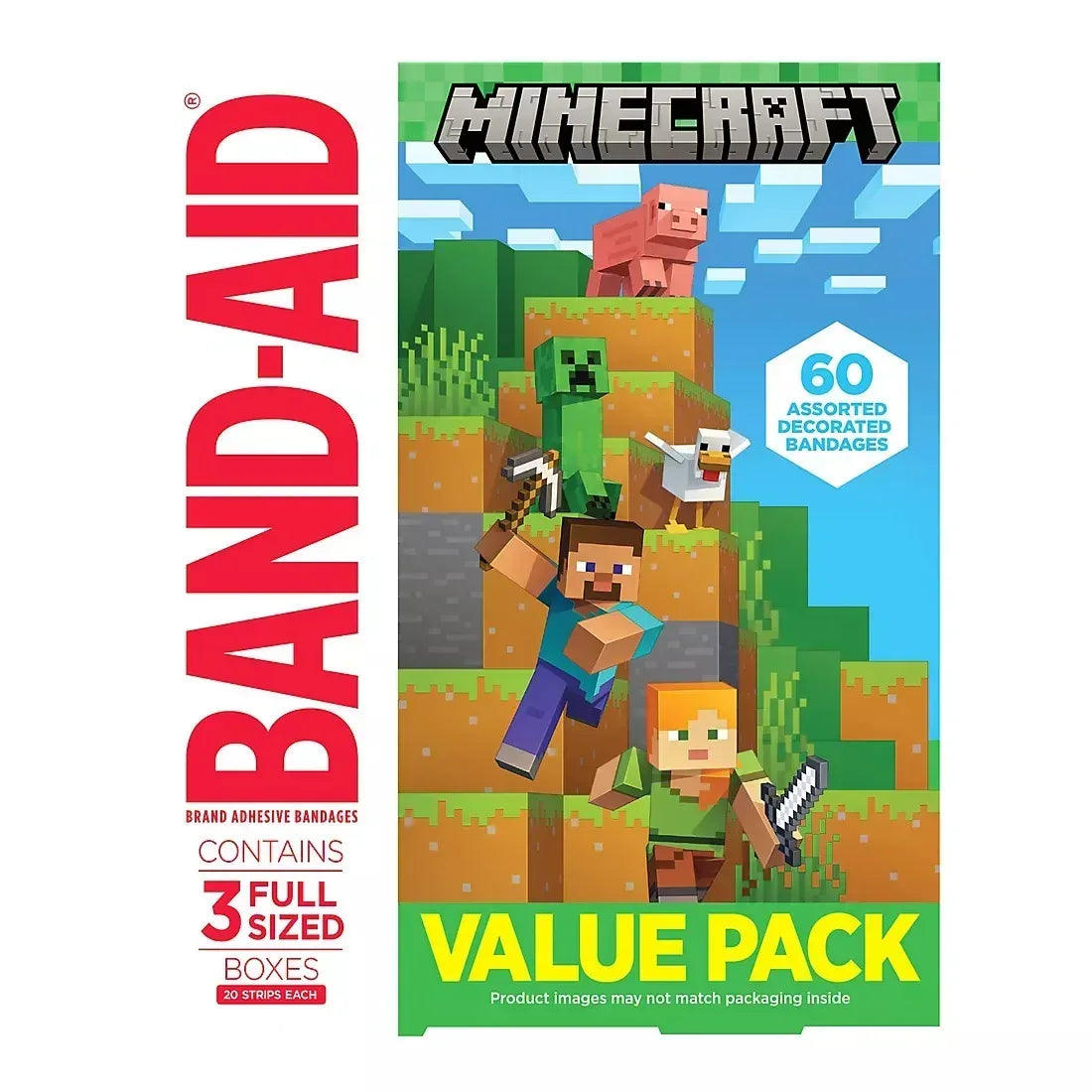Band-Aid Minecraft Adhesive Bandages, Assorted Sizes, 60 Count