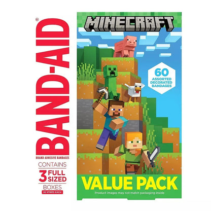 Band-Aid Minecraft Adhesive Bandages, Assorted Sizes, 60 Count