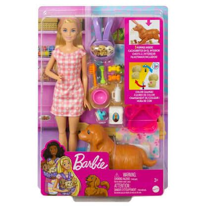 Barbie Doll & Newborn Pets Playset with Pregnant Mom Dog, Color-Change Puppies & Accessories, Blonde