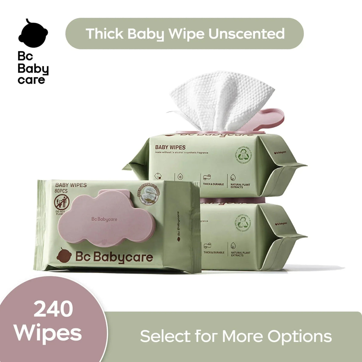 Bc Babycare Sensitive Baby Wipes Unscented, XL Extra Thick,Hypoallergenic,99% Water