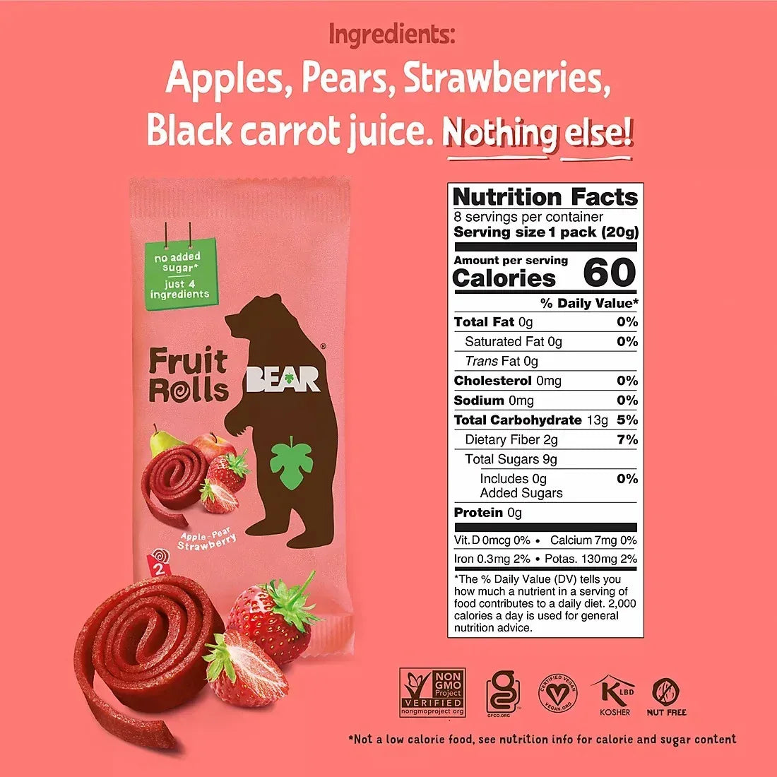 Bear Real Fruit Snack Rolls, Strawberry & Raspberry Variety Pack, 16 ct.