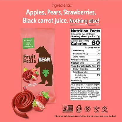 Bear Real Fruit Snack Rolls, Strawberry & Raspberry Variety Pack, 16 ct.