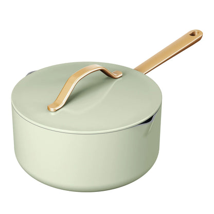 Beautiful 3 Quart Ceramic Non-Stick Covered Sauce Pan with Strainer Lid, Black Sesame by Drew Barrymore