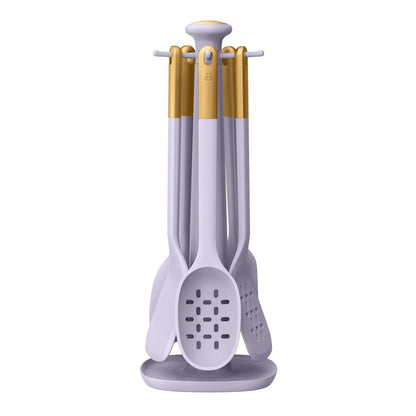 Beautiful 6-Piece Silicone Kitchen Utensil Tool Set with Rotating Rack, Black Sesame by Drew Barrymore