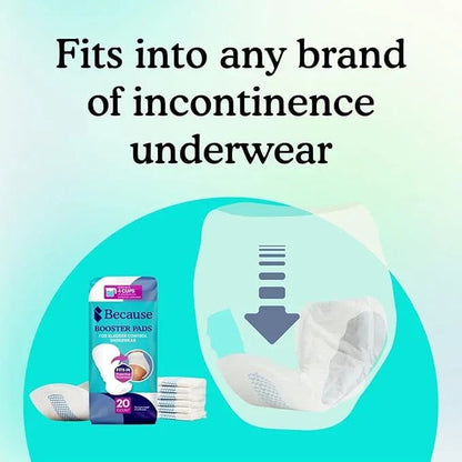 Because Incontinence Booster Pads Overnight - Ultra Long 16", For Women and Men, Adds 4 Cups Absorbency to Adult Diapers. 20 Boosters