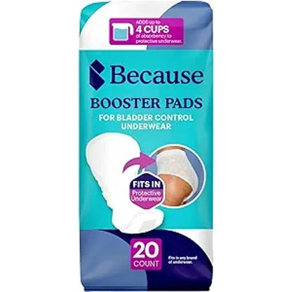 Because Incontinence Booster Pads Overnight - Ultra Long 16", For Women and Men, Adds 4 Cups Absorbency to Adult Diapers. 20 Boosters