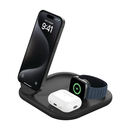 Belkin 3-in-1 MagSafe-Compatible Charger 15W, Foldable Qi2-Certified Wireless Charging Station - Black