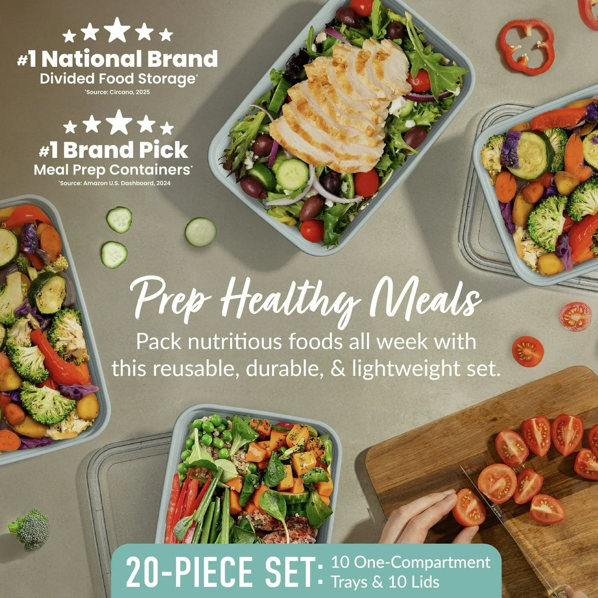 Bentgo Prep - 20-Piece 1-Compartment Reusable Meal Prep Containers with Lids, PFAS & BPA Free Materials, Durable, Microwave, Freezer, & Dishwasher Safe To Go Food Storage