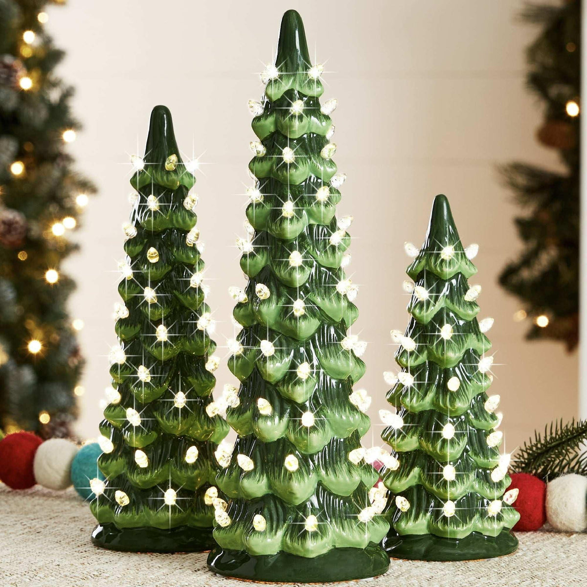 Best Choice Products Set of 3 Pre-Lit Hand-Painted Ceramic Tabletop Christmas Trees w/ Multicolor Lights - Flocked Green