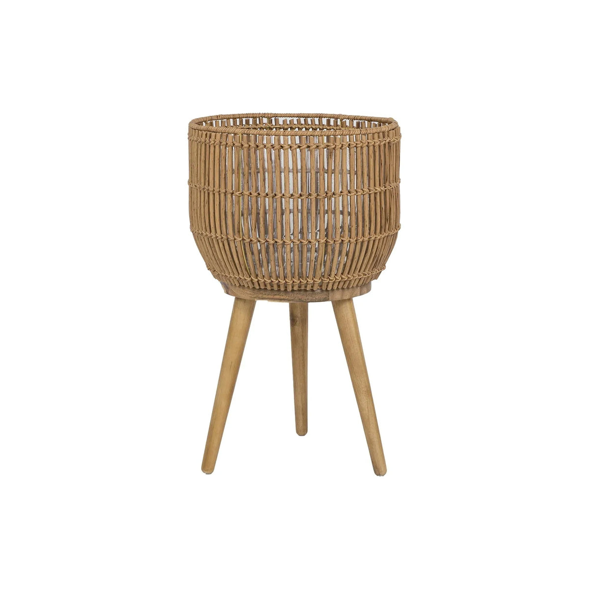 Better Homes & Gardens 13 Inch Round Brown Resin Rattan Planter & Stand with Acacia Wood Legs