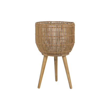 Better Homes & Gardens 13 Inch Round Brown Resin Rattan Planter & Stand with Acacia Wood Legs