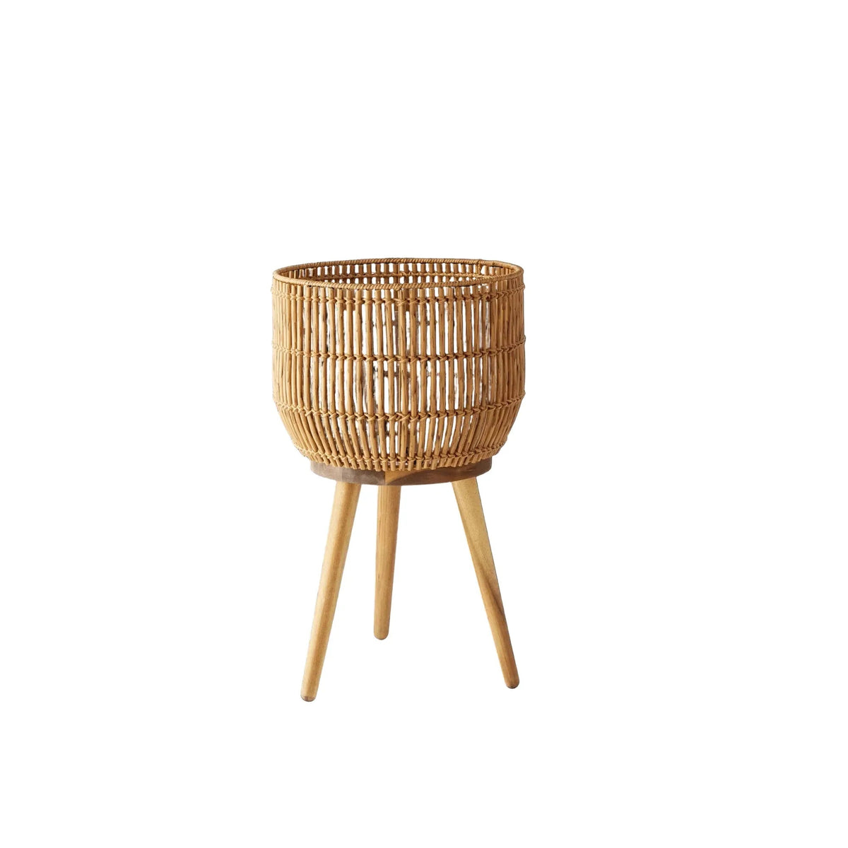 Better Homes & Gardens 13 Inch Round Brown Resin Rattan Planter & Stand with Acacia Wood Legs
