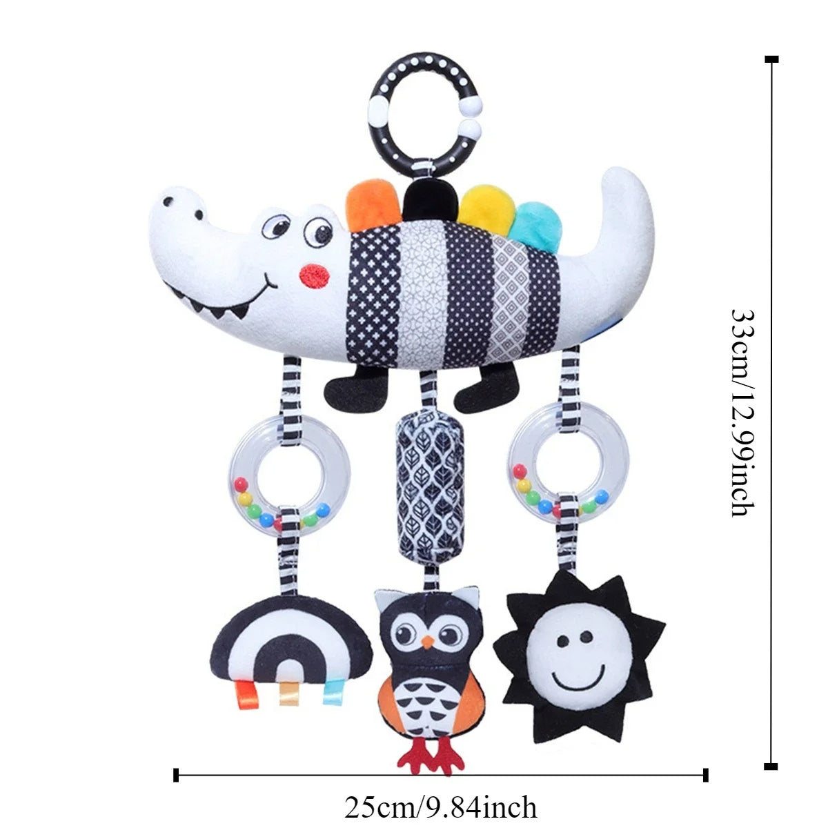 Black & White Baby Car Seat Toy – High Contrast Hanging Rattle with Crocodile & Caterpillar, Newborn Stroller Toy for 0-6 Months, Sensory Developmental Gift for Boys & Girls