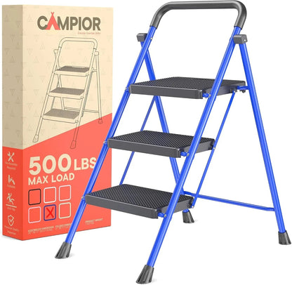Black 3 Step Stool Foldable – Heavy-Duty Foldable Step Stool, 500 lbs Capacity, Anti-Slip Feet & Wide Steps, Sturdy Steel Frame, Lightweight & Space-Saving Design for Home, Kitchen & Garage