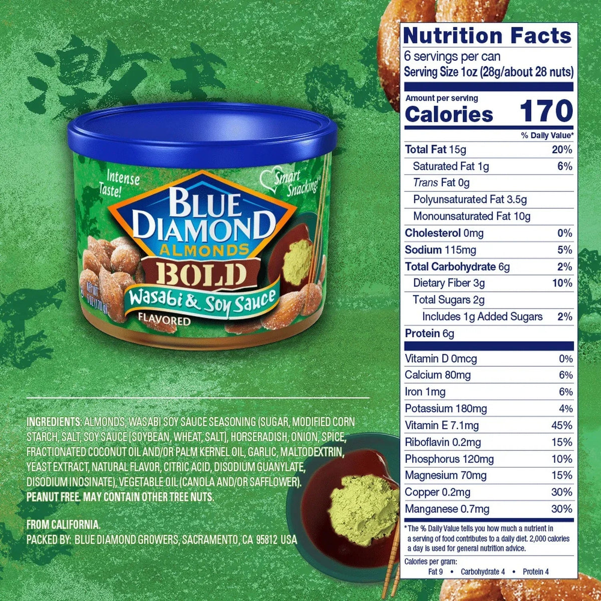 Blue Diamond Almonds, Bold Wasabi & Soy Sauce Flavored Snack Nuts perfect for snacking and on-the-go, 6 oz