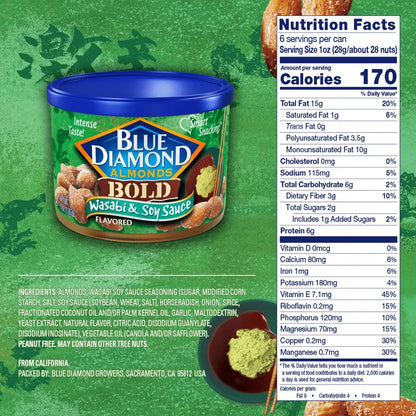 Blue Diamond Almonds, Bold Wasabi & Soy Sauce Flavored Snack Nuts perfect for snacking and on-the-go, 6 oz