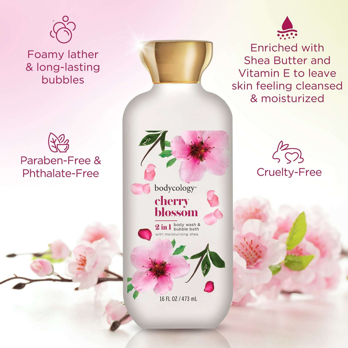 Bodycology Cherry Blossom 2-in-1 Body Wash and Bubble Bath, 16 fl oz