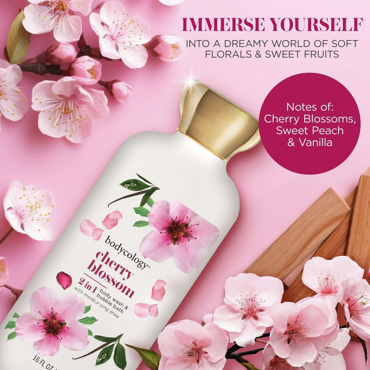 Bodycology Cherry Blossom 2-in-1 Body Wash and Bubble Bath, 16 fl oz