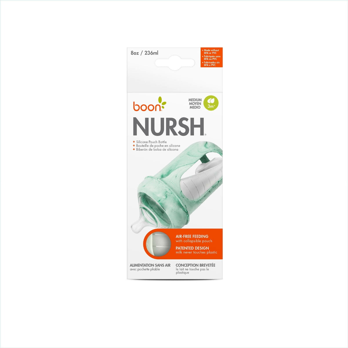 Boon NURSH Reusable Silicone Pouch Baby Bottle – Stage 2 Medium Flow – 8oz – Mint Tie Dye