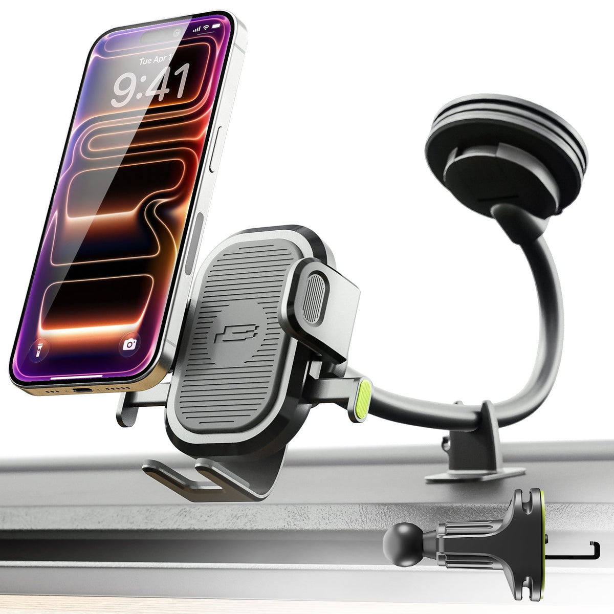 Bracketron OneClick 3-in-1 Car Phone Mount for Dashboard, Windshield & Vent with 7” Flexible Gooseneck, One-Handed Click Grip, 360° Rotation, TemperBond Suction