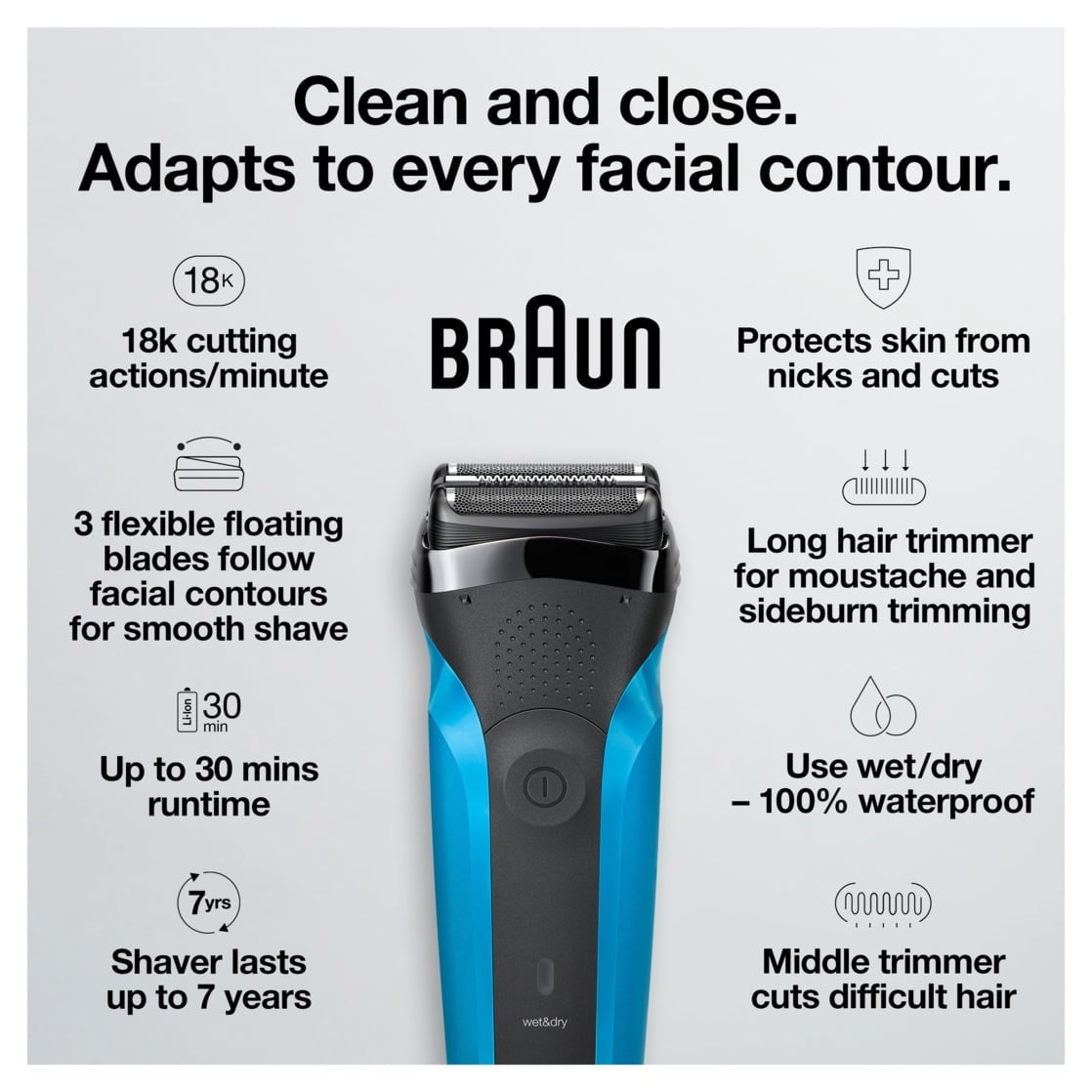Braun Rechargeable Electric Shaver, Series 3 3010s, Wet & Dry