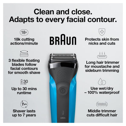 Braun Rechargeable Electric Shaver, Series 3 3010s, Wet & Dry