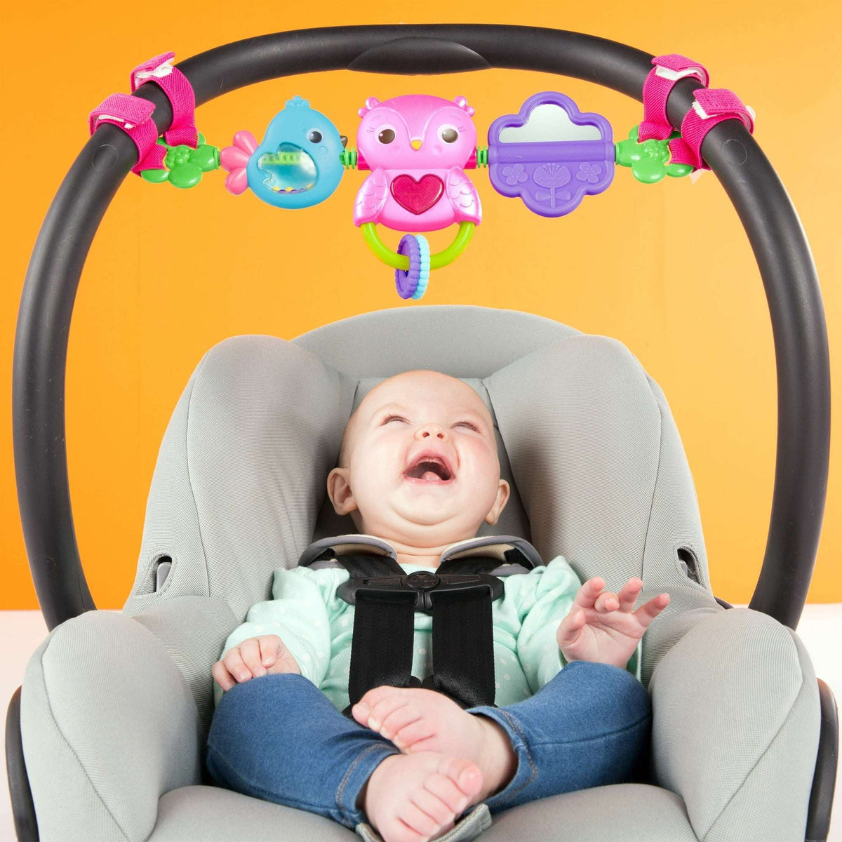 Bright Starts Busy Birdies Carrier Toy Bar Musical Take-Along Toy with Lights, Ages Newborn +