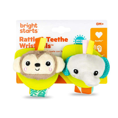 Bright Starts Rattle & Teethe Baby Wrist Pals Toy - Monkey & Elephant, Ages Newborn+