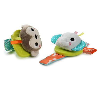 Bright Starts Rattle & Teethe Baby Wrist Pals Toy - Monkey & Elephant, Ages Newborn+