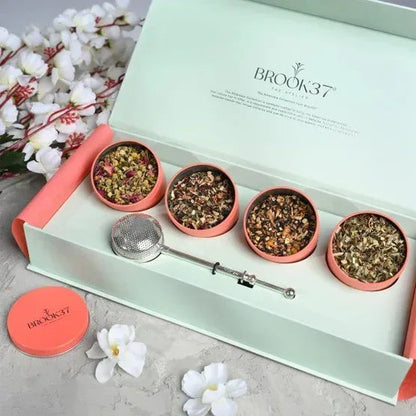 Brook 37 Ambrosia Giftbox Loose Leaf Tea Collection with Silver Plated Infuser, 4 Tin Pack, 4 oz total