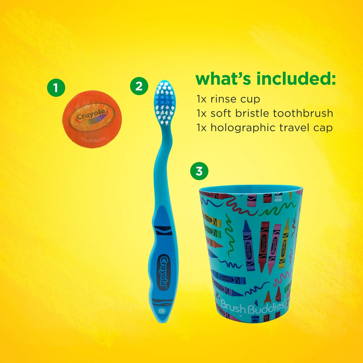 Brush Buddies Crayola Soft Bristle Toothbrush Set for Toddlers, 3 Piece Travel Kit with Cover and Cup