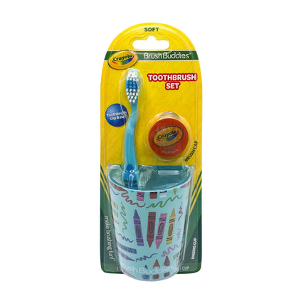 Brush Buddies Crayola Soft Bristle Toothbrush Set for Toddlers, 3 Piece Travel Kit with Cover and Cup