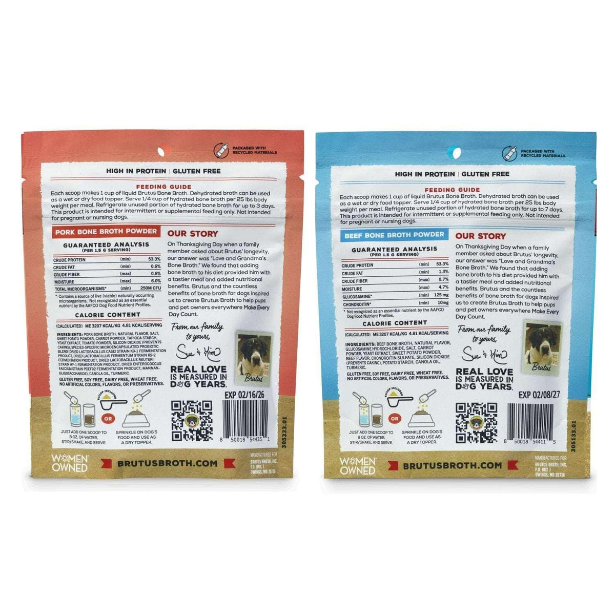 Brutus Bone Broth, Beef Powder Hip & Joint & Pork Probiotic Powder Variety Pack, Dog Food Topper, 3.5 oz., 2 pk.
