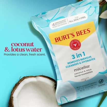 Burt's Bees Micellar Coconut and Lotus Facial Towelettes, 30 Count