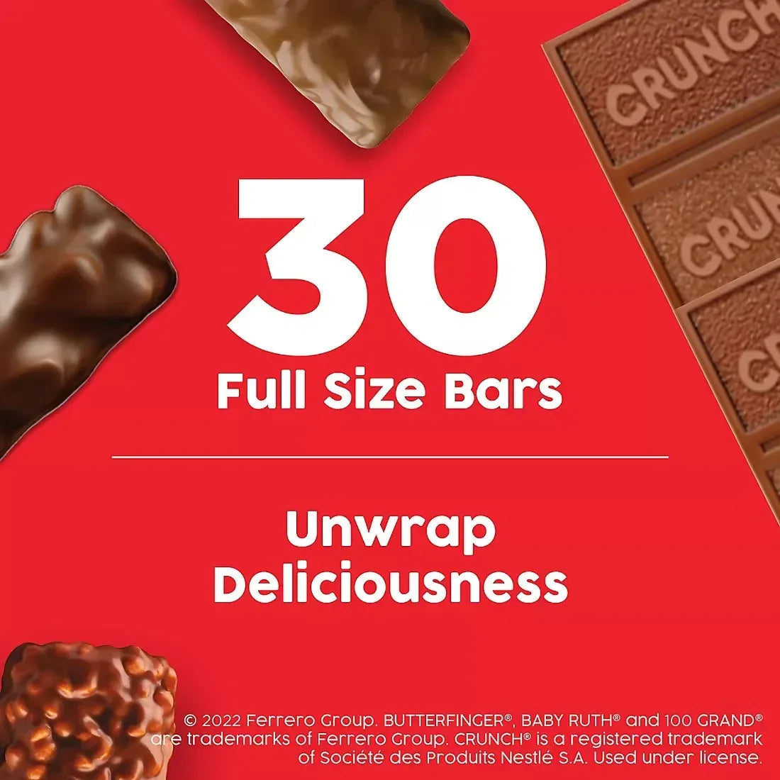 Butterfinger, Crunch, Baby Ruth and 100 Grand, Bulk Pack, Assorted Full Size Chocolate Candy Bars, 30 ct.