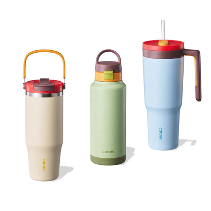 Carote 3pcs Insulated Stainless Steel Water Bottle and Tumbler Set with Straw/Handle, 34oz & 32oz*2, Blue