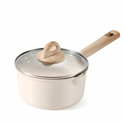 Carote Healthy Ceramic NonStick Saucepan with Induction 7" Non-Toxic Sauce Pan With Lid Cover, Bon Appetit, Taupe, 2QT