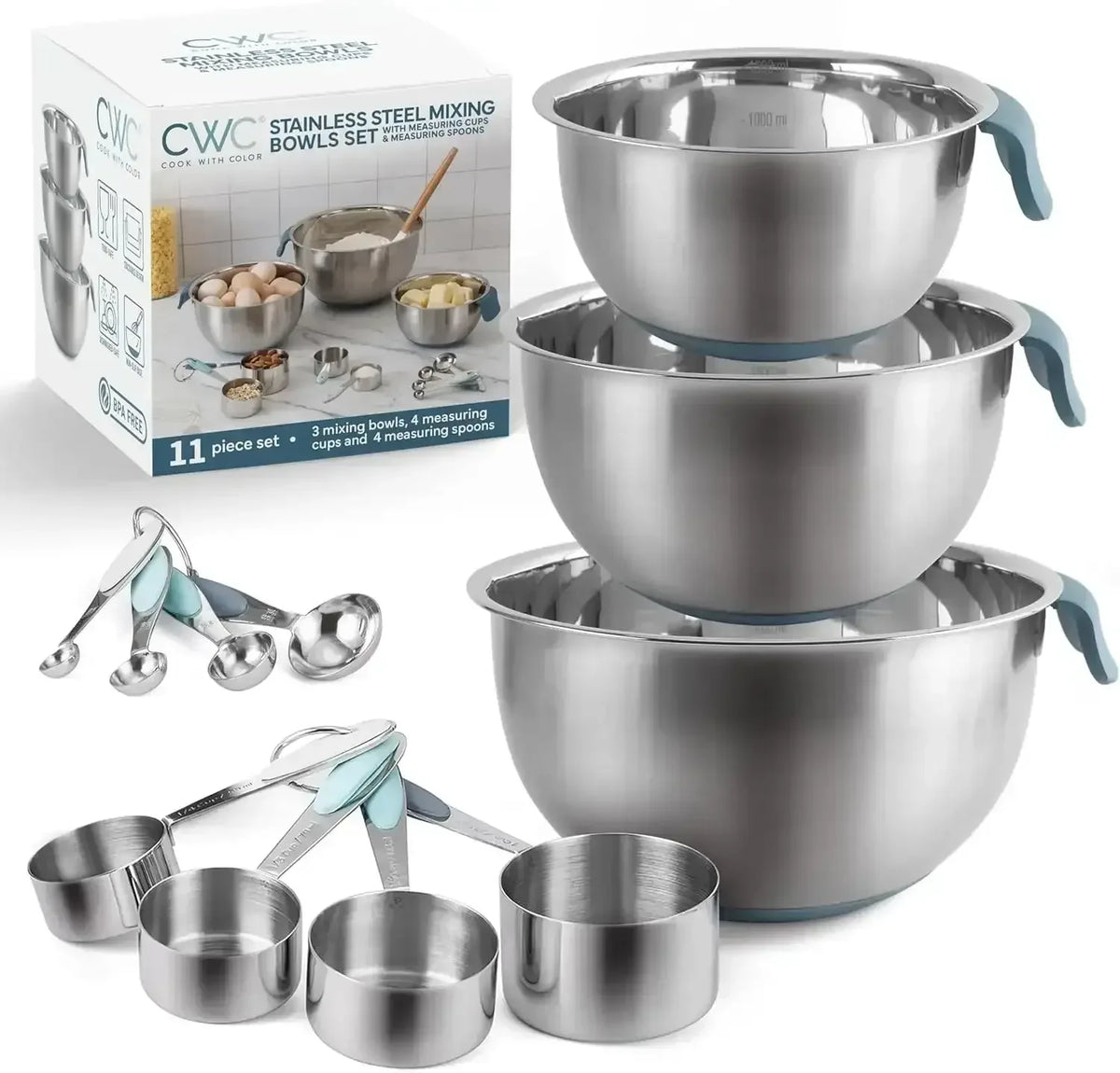 COOK WITH COLOR Stainless Steel Mixing Bowls Set and Measuring Cups- Nesting Bowls with Non-Slip Bottom and Easy-Grip Handles, 11 Pieces
