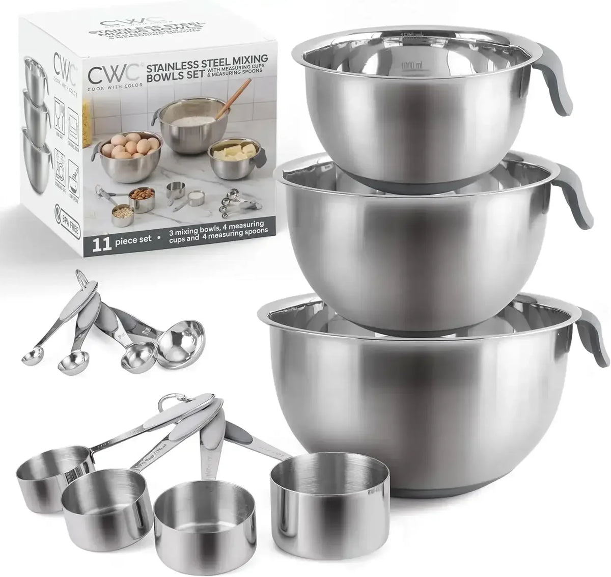 COOK WITH COLOR Stainless Steel Mixing Bowls Set and Measuring Cups- Nesting Bowls with Non-Slip Bottom and Easy-Grip Handles, 11 Pieces